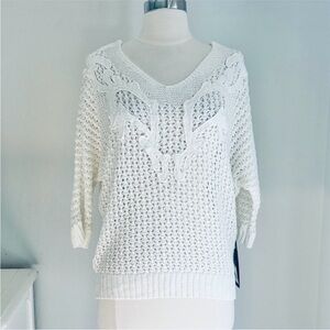DEX Ivory Open Crochet Dolman Sleeve Vneck Sweater Ribbed Hem, Size L NWT